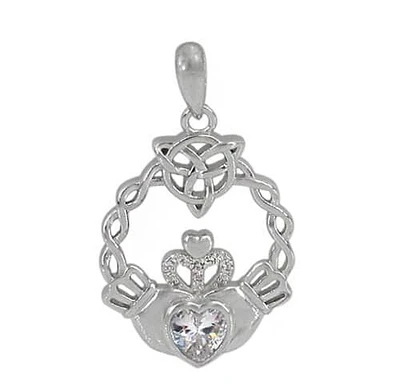 Sterling Silver With Rhodium Plated Claddagh Celtic Knot Pendant