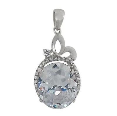 Rhodium Plated On Sterling Silver, Faceted Oval Shape Stone Ring With Unique Frame Design. Approx Pendant Size: 12mm L X 10mm W