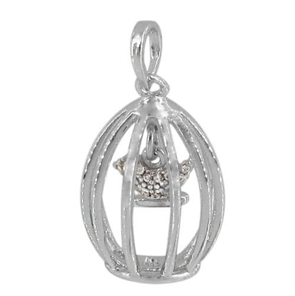 Sterling Silver With Rhodium Plated Bird In Cage Pendant, 5X6mm(Bird