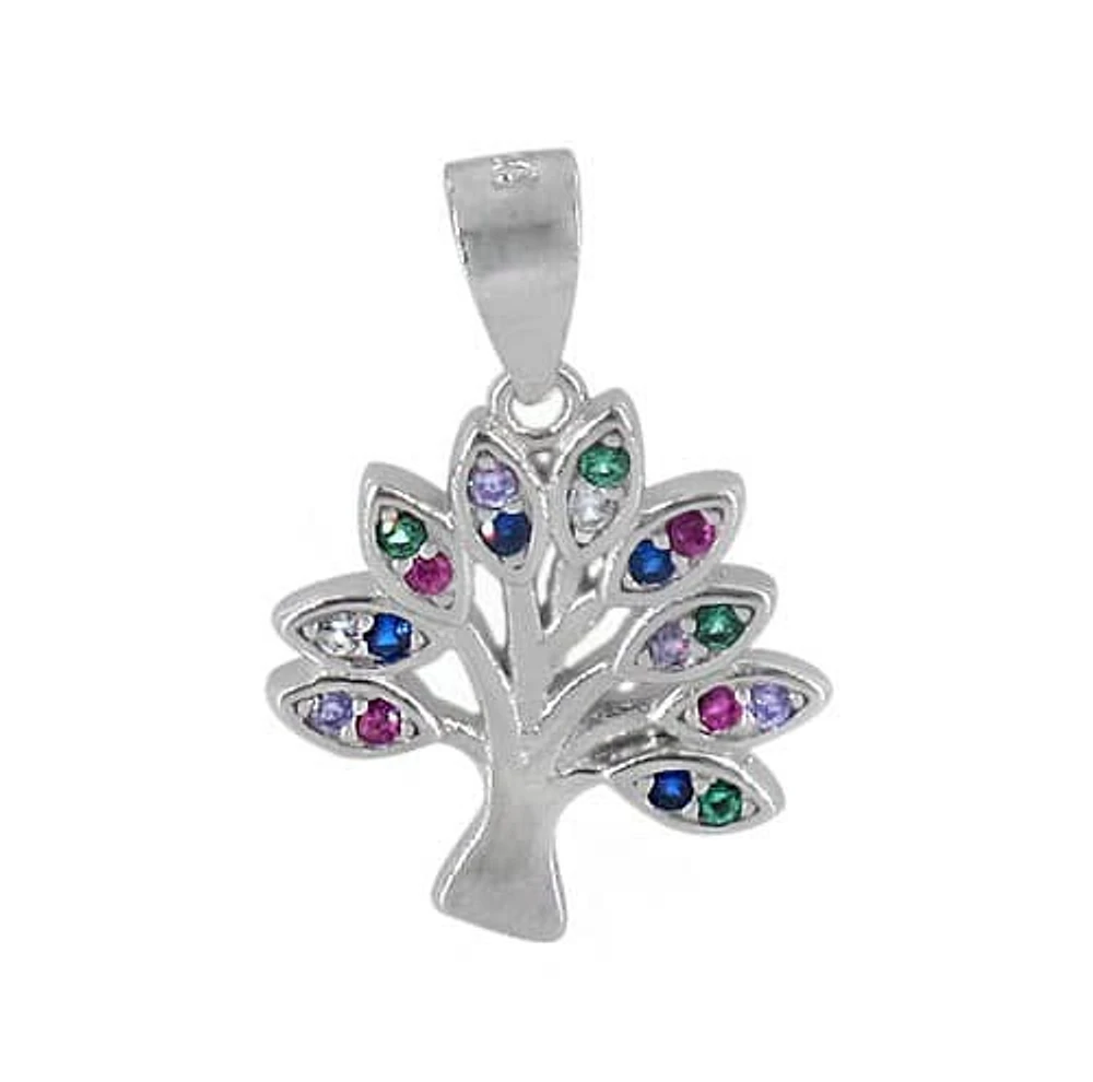 Sterling Silver With Rhodium,  Tree Of Life Pendant With Multi Cubic Zirconia, 15X14mm Frame