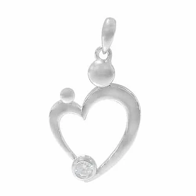 Rhodium Plated On Sterling Silver, Mother And Child Heart Pendant With Faceted Stone. Approx Pendant Size: 24mm L X 17mm W