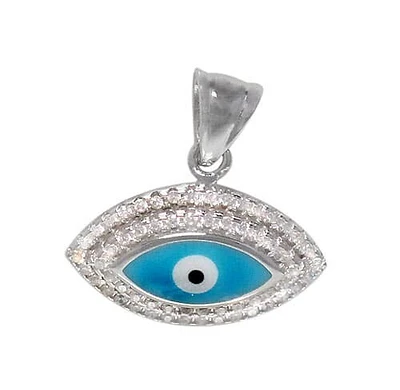 Rhodium Plated On Sterling Silver, Evil Eye Pendant With Faceted Stone. Approximate Frame Size: 12mm L X 19mm W.