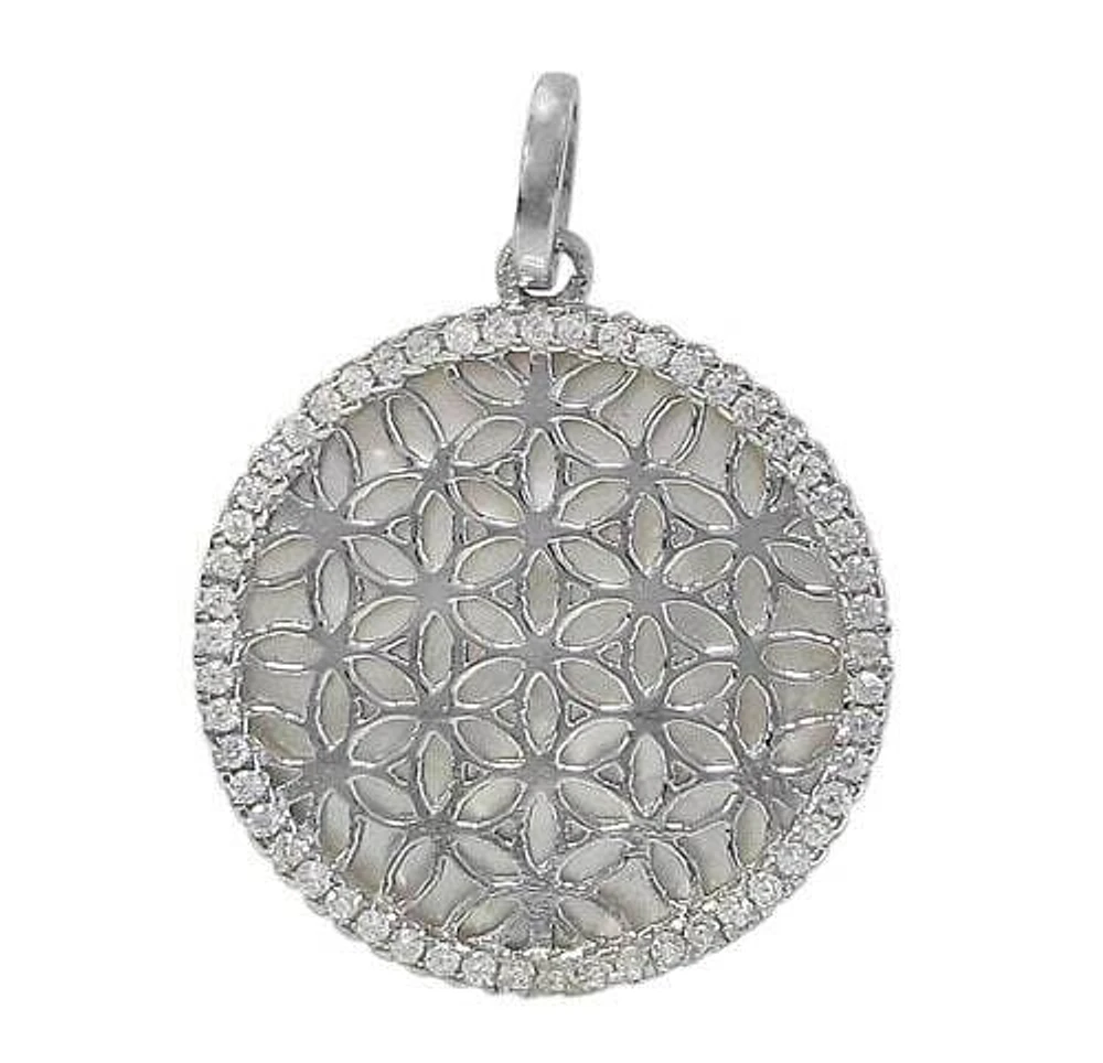 Sterling Silver With Rhodium Flower Of Life Pendant, 20mm Mother Of Pearl