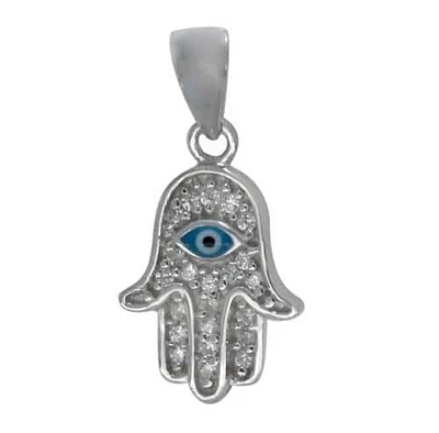 Rhodium Plated On Sterling Silver, Faceted Hamsa Pendant. Approx Pendant Size: 12mm L X 9.5mm W.