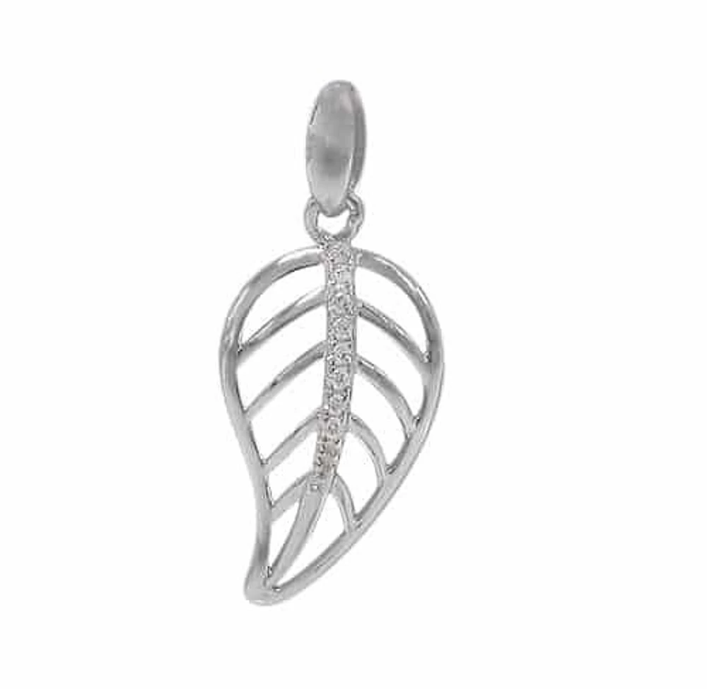 Rhodium Plated Sterling Silver, Leaf Pendant With Faceted Stone. Approximate Frame Size: 18mm L X 10mm W.