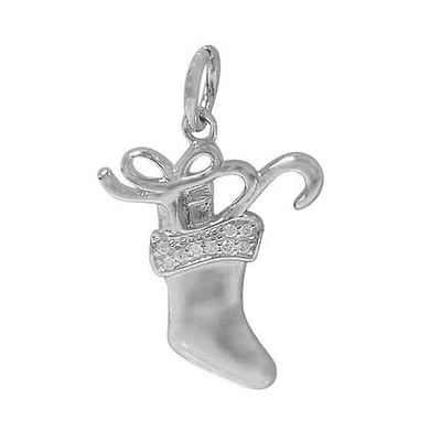Rhodium Plated On Sterling Silver, Christmas Stocking Pendant With Faceted Stone. Approximate Pendant Size: 18mm L X 16mm W.