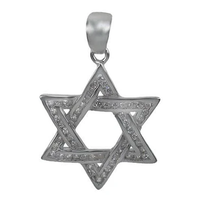 Rhodium Plated On Sterling Silver, Fancy Style Star Of David Stone Pendant. Approx Pendant Size: 19mm L X 17mm W X 1.5mm T