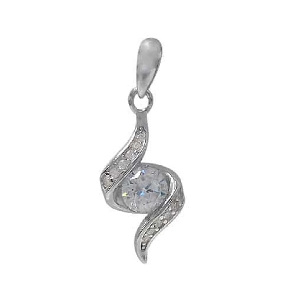 Rhodium Plated On Sterling Silver Pendant With 5mm Faceted Stone. Approx Pendant Size: 16mm L X 9mm W.