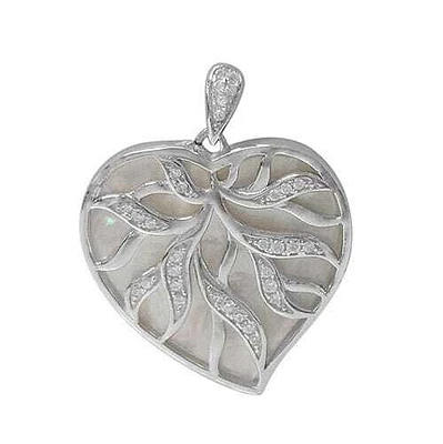 Rhodium Plated On Sterling Silver, Heart Pendant With Mother Of Pearl. Approximate Pendant Size: 24mm L X 24mm W X 3mm T.