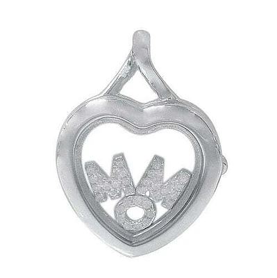 Rhodium Plated On Sterling Silver, Heart Shape Open Glass Mom Pendant With Faceted Stones. Approx Pendant Size: 19mm L X 19mm W.