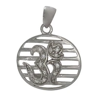 Rhodium Plated On Sterling Silver, Faceted Stone, Rounded Oval Shape Om Pendant. Approx Pendant Size: 18.5mm L X 21mm W