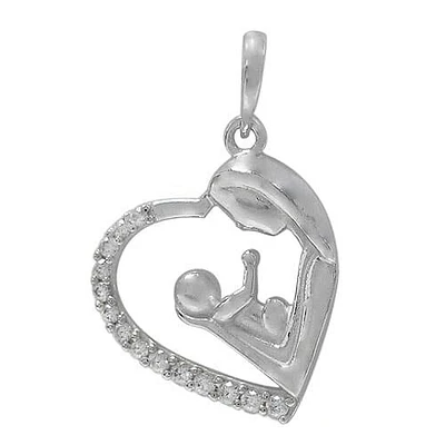 Rhodium Plated On Sterling Silver, Mother And Child Heart Pendant With Faceted Stone Approx Pendant Size: 19mm L X 19mm W X 1.5-3mm T.