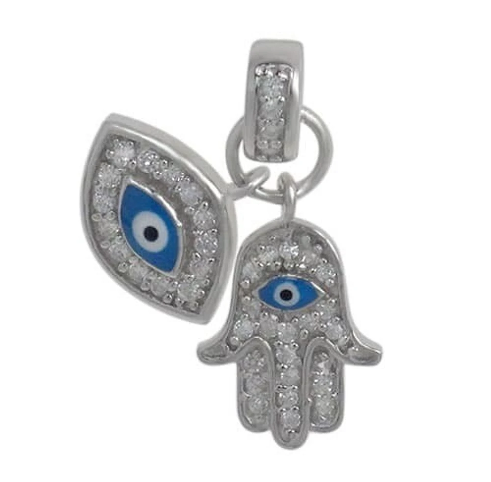 Sterling Silver With Rhodium, Evil Eye And Hamsa Charm Pendant, 13X10mm (Hamsa), 8X11mm (Evil Eye).