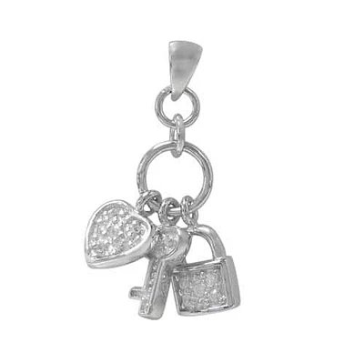 Rhodium Plated On Sterling Silver, Key, Lock And Heart Charm Pendant With Faceted Stone. Approx Charm Size: 9mm L X 5-6mm W(Key, Lock) And 7mm L X 7mm W(Heart).