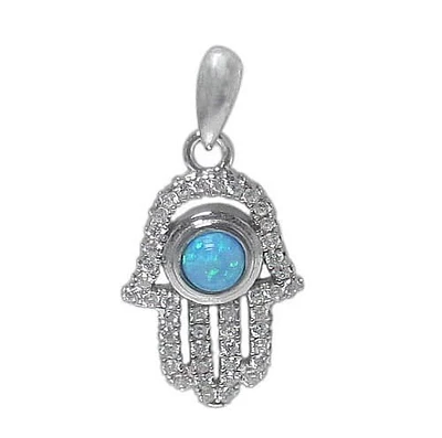 Rhodium Plated On Sterling Silver, Hamsa Pendant With 4mm Emulated Opal And Faceted Stone. Approx Pendant Size: 16mm L X 11mm W X 4mm T.