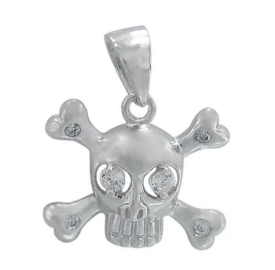 Rhodium Plated On Sterling Silver, Faceted Skull Head Stone Pendant With Cross Bone. Approx Size: 12mm L X 15mm W.