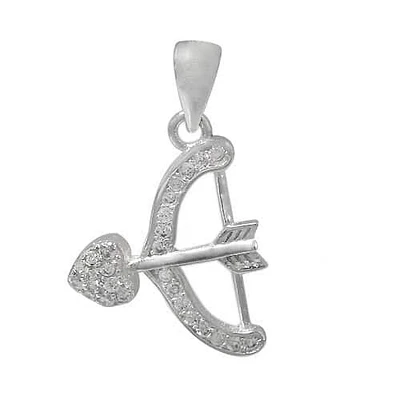 Rhodium Plated On Sterling Silver, Bow And Arrow Pendant With Faceted Stone. Approx Pendant Size: 17mm L X 20mm W X 3mm T.