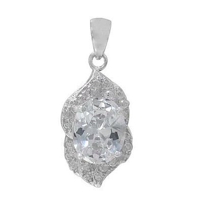 Rhodium Plated On Sterling Silver, Oval Shape Faceted Stone Pendant. Approx Pendant Size: 17mm L X 11mm W
