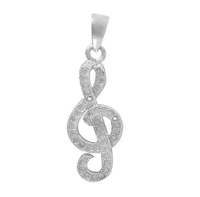 Rhodium Plated On Sterling Silver, Music Note Pendant With Faceted Stone. Approx Pendant Size: 20.5mm L X 9mm W.