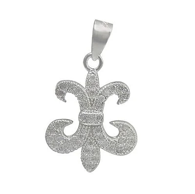 Rhodium Plated On Sterling Silver, Fleur De Lis Pendant With Faceted Stone. Approx Pendant Size: 16mm L X 15mm W.