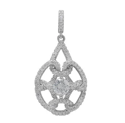 Rhodium Plated On Sterling Silver, Weave Style Pendant With Faceted Stone. Approx Pendant Size: 33mm L X 11.5mm W.