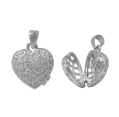 Rhodium Plated On Sterling Silver, Heart Shape Locket With Multi Faceted Stone. Approx Size: 14mm L X 14mm W X 8mm T.