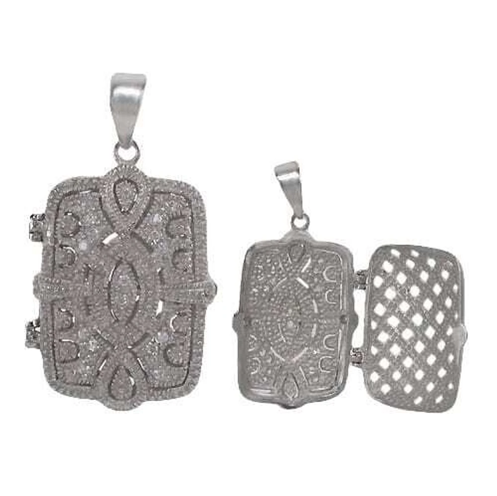 Rhodium Plated On Sterling Silver, Fancy Style, Faceted Rectangular Shape Stone Locket With Filigree Design. Approx Size: 26Mm L X 20Mm W X 8Mm T.