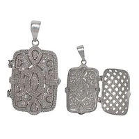 Rhodium Plated On Sterling Silver, Fancy Style, Faceted Rectangular Shape Stone Locket With Filigree Design. Approx Size: 26Mm L X 20Mm W X 8Mm T.