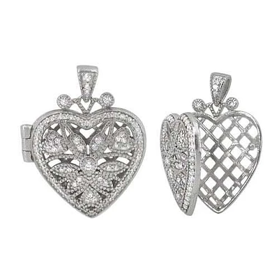 Sterling Silver With Cubic Zirconia Rhodium Heart Locket, 21X21mm(Outer Frame).