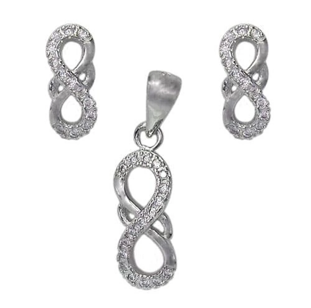 Sterling Silver With Rhodium Infinity Set, 11X5mm Earrings And 13X6mm Pendant