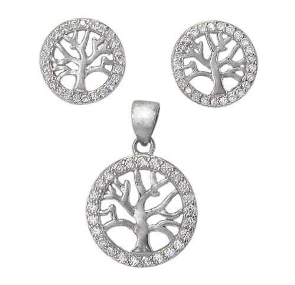 Sterling Silver With Rhodium Tree Of Life Set, 10mm Earrings And 13mm Pendant