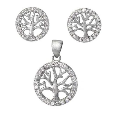 Sterling Silver With Rhodium Tree Of Life Set, 10mm Earrings And 13mm Pendant