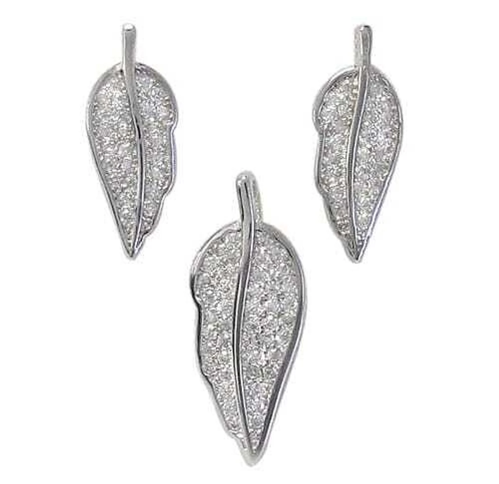 Sterling Silver With Rhodium Leaf Set, 16X6mm Earrings And 20X8mm Pendant