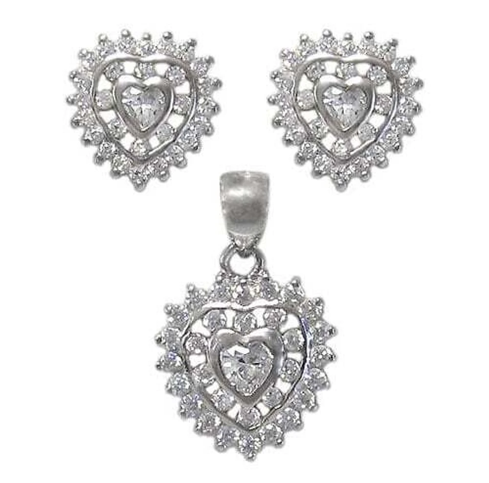 Sterling Silver With Rhodium Heart Set, 11X10mm Earrings And 13X13mm Pendant