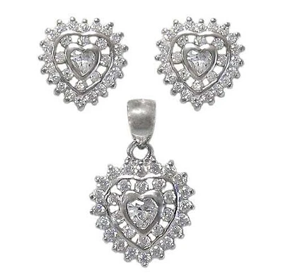 Sterling Silver With Rhodium Heart Set, 11X10mm Earrings And 13X13mm Pendant