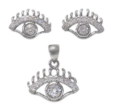 Sterling Silver With Rhodium Eye Set, 12X9mm Earrings And 9X14mm Pendant