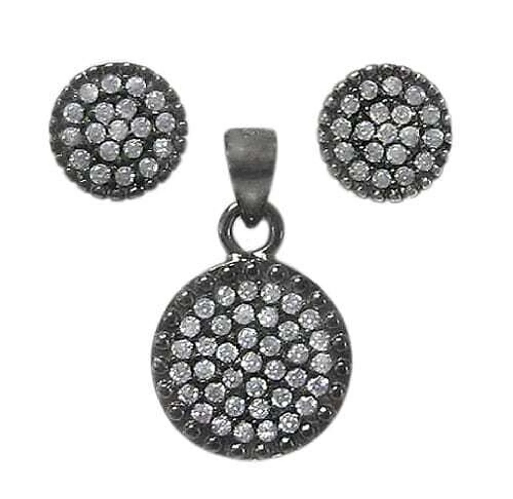 Sterling Silver With Black Rhodium Set, 7mm Earrings And 10mm Pendant