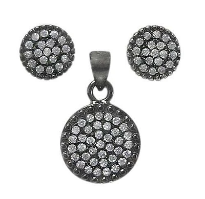 Sterling Silver With Black Rhodium Set, 7mm Earrings And 10mm Pendant