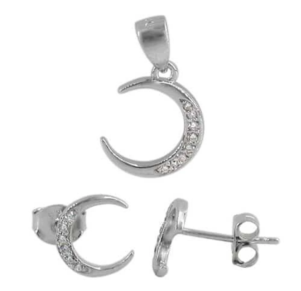 Sterling Silver With Rhodium Crescent Moon Stone Set, 7X8mm(Earring), 10X11mm(Pendant).