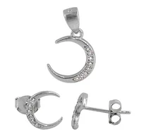 Sterling Silver With Rhodium Crescent Moon Stone Set, 7X8mm(Earring), 10X11mm(Pendant).