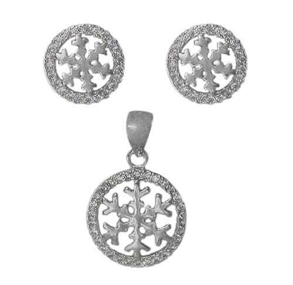 Sterling Silver With Rhodium Snowflake Set, 10mm Earrings And 13mm Pendant