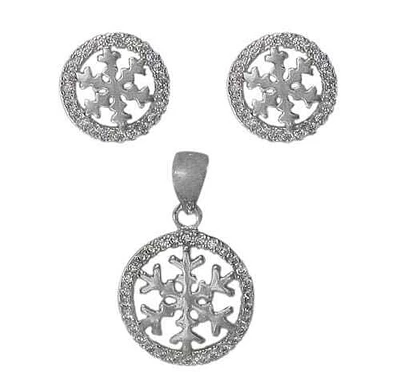 Sterling Silver With Rhodium Snowflake Set, 10mm Earrings And 13mm Pendant