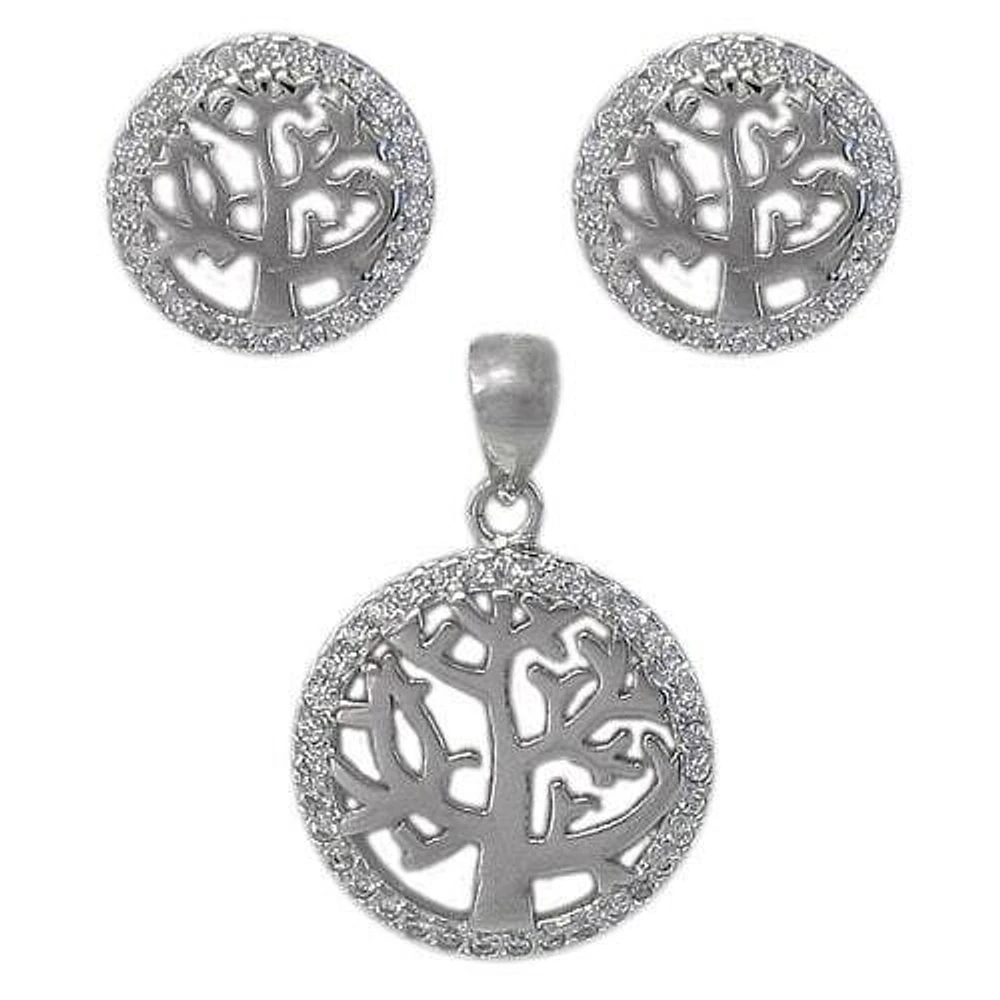 Sterling Silver With Rhodium Tree Set, 12mm Earrings And 15mm Pendant