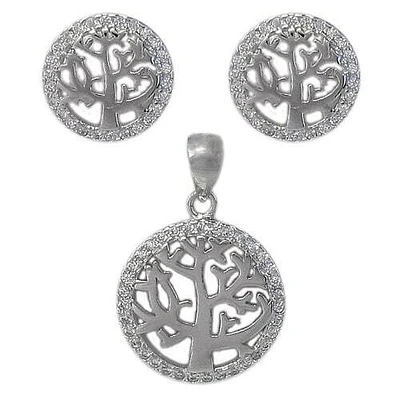 Sterling Silver With Rhodium Tree Set, 12mm Earrings And 15mm Pendant