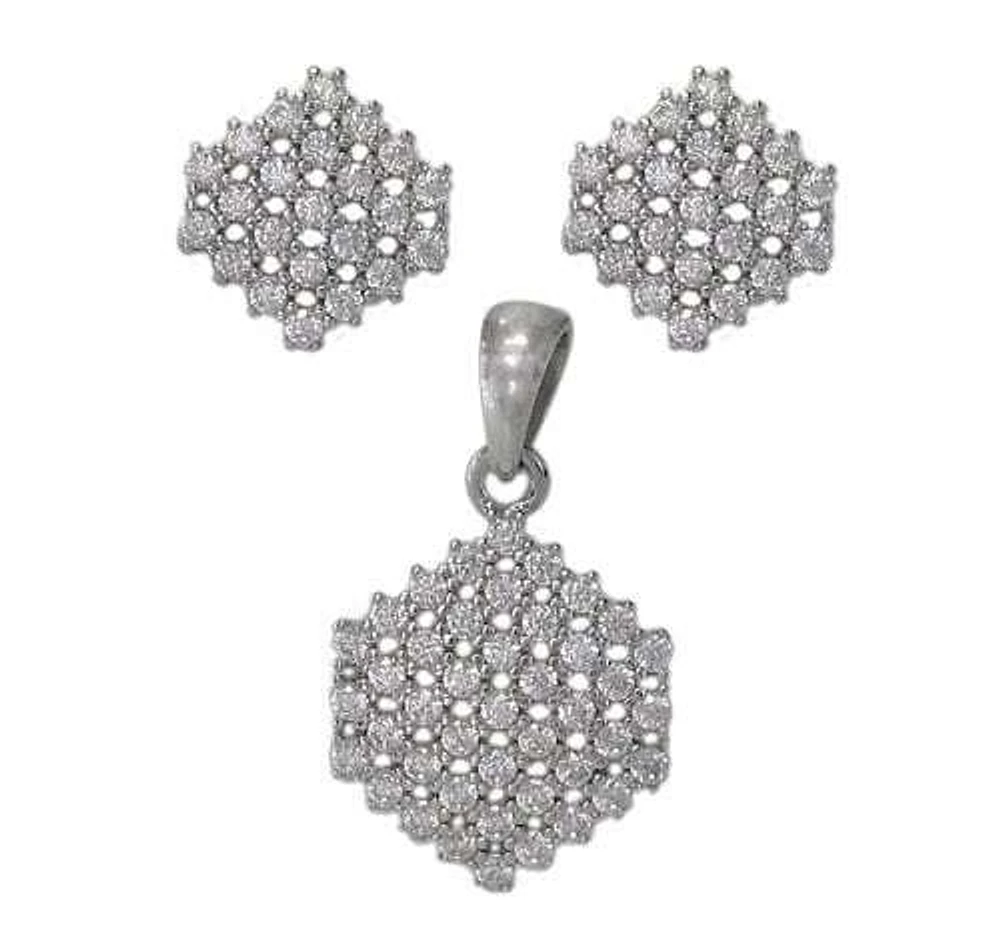 Sterling Silver With Rhodium Set, 10X10mm Earrings And 15X12mm Pendant