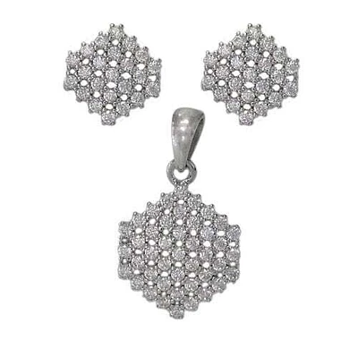 Sterling Silver With Rhodium Set, 10X10mm Earrings And 15X12mm Pendant