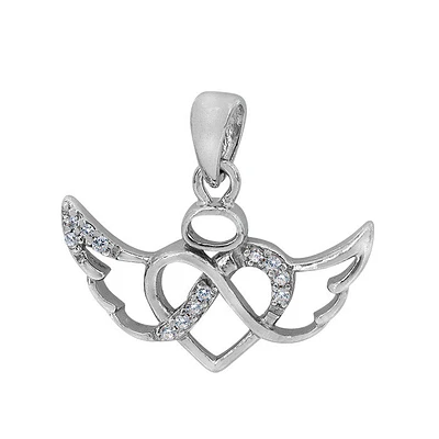 Sterling Silver With Rhodium, 12X21mm Heart And Wing Pendant With Cubic Zirconia
