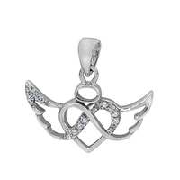 Sterling Silver With Rhodium, 12X21mm Heart And Wing Pendant With Cubic Zirconia