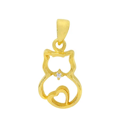 Sterling Silver With Gold, 10X14mm Cat Pendant With Cubic Zirconia