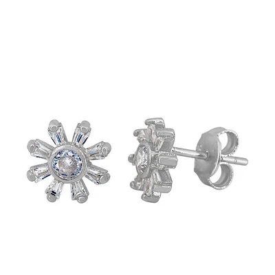 Sterling Silver With Rhodium, 8mm Flower Stud  Earrings With Cubic Zirconia